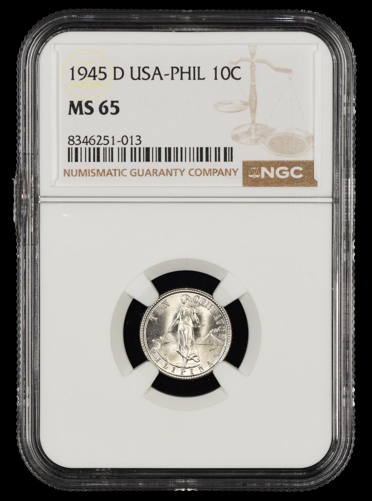 1945 D Philippines 10 Centavos NGC MS65