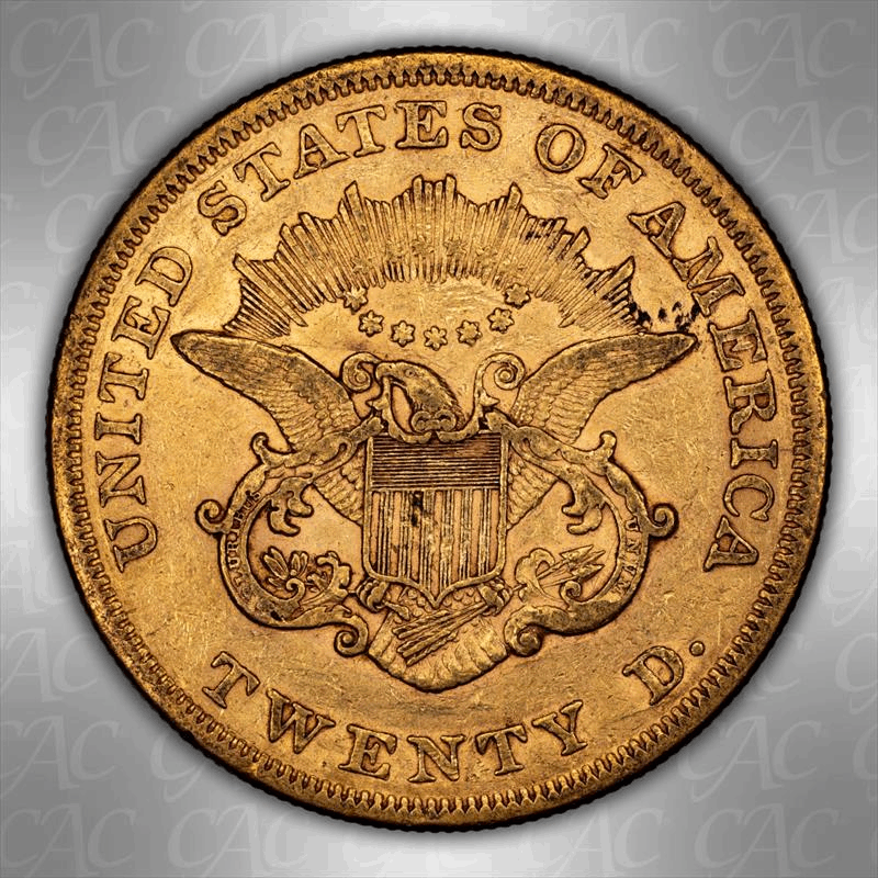1864 $20 CACG AU-50 