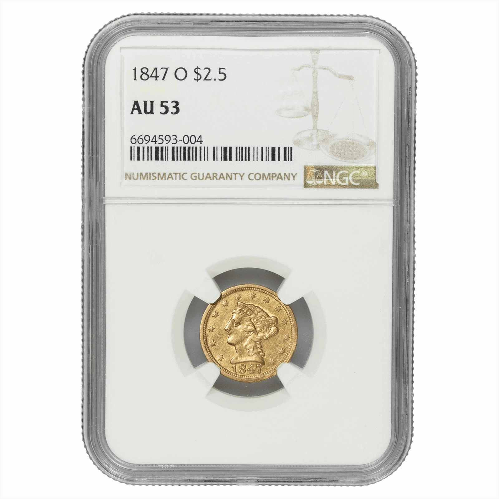 1847-O Liberty Head Gold Quarter Eagle $2.5 NGC AU 53