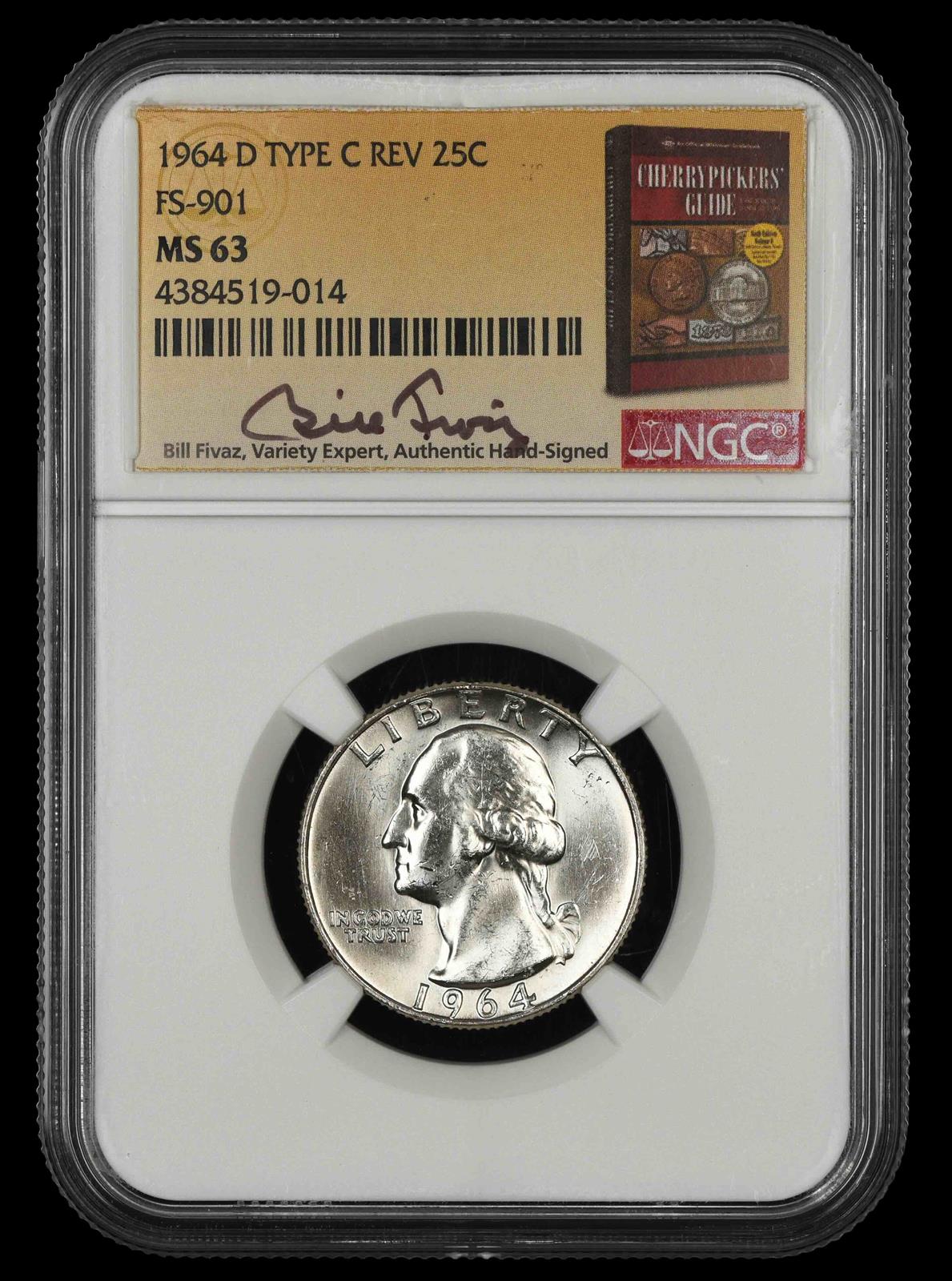 1964 D Washington Quarter NGC MS63 Type C Reverse FS-901 Bill Fivaz Signature Label MS63