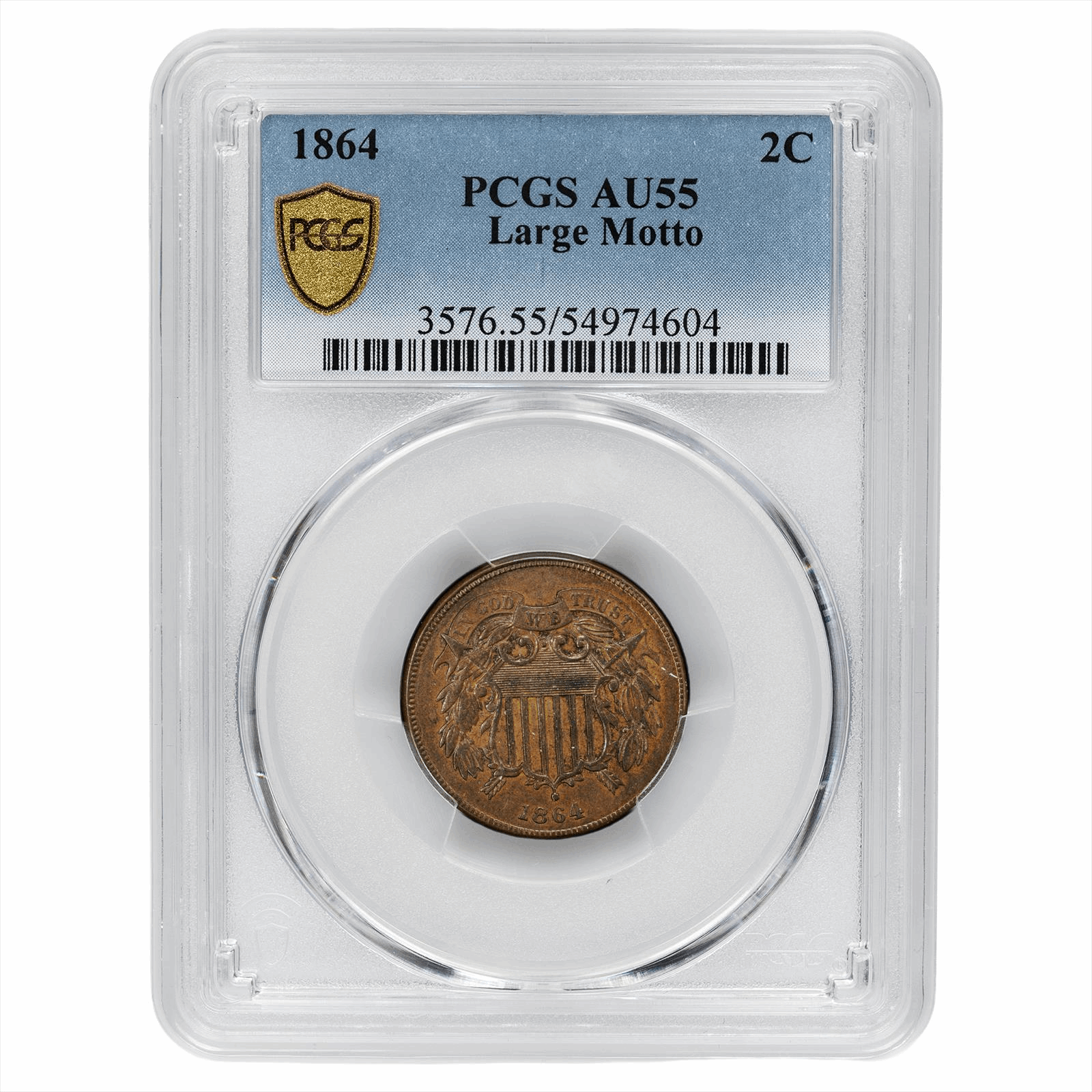1864  Large Motto Two Cent Piece Union Shield 2C PCGS AU 55