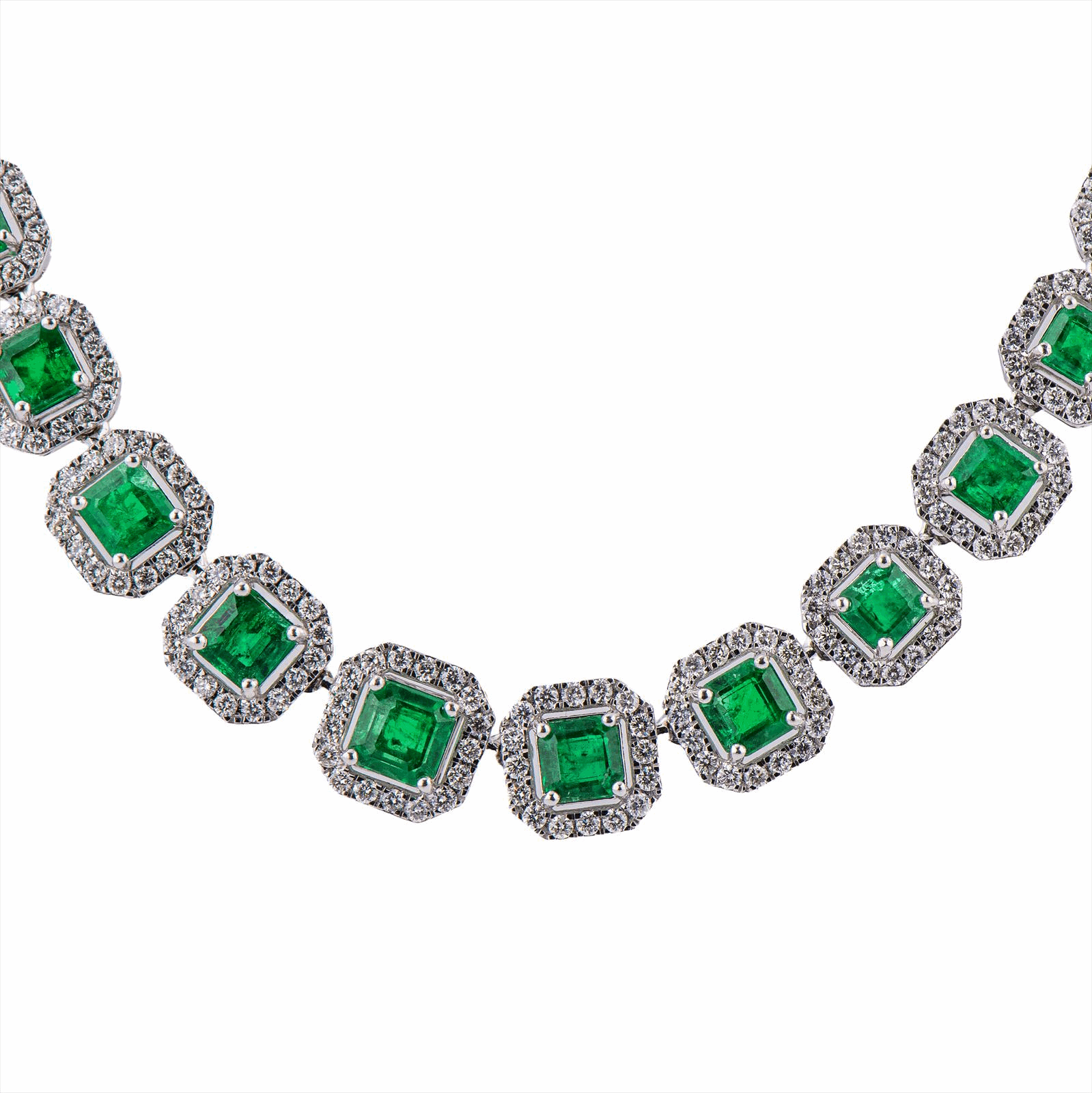 18KW Emerald and Diamond Octagon Necklace - 10.34CT Emerald - 5.56CT Diamond GH, VS - 37.19g - 18 Inch 