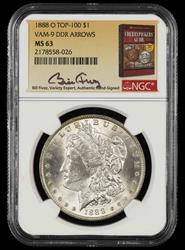 1888 O $1 VAM 9 DDR Arrows Top 100 Bill Fivaz Signature Label NGC MS 63