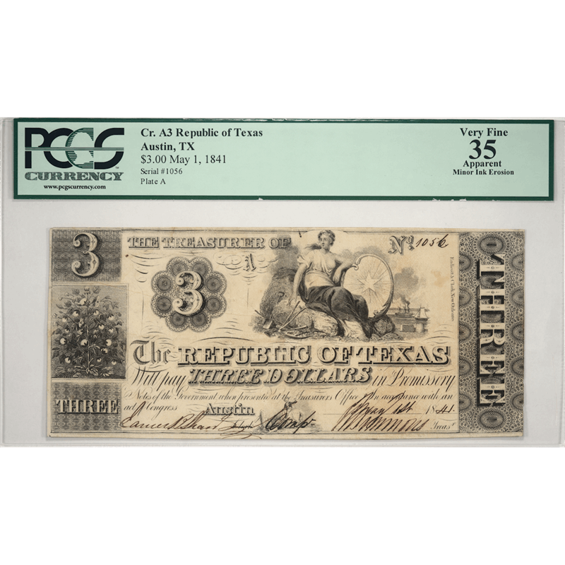 1841 Republic of Texas $3 Treasury Note PCGS Very Fine 35 Apparent Cr. A3 SN 1056 