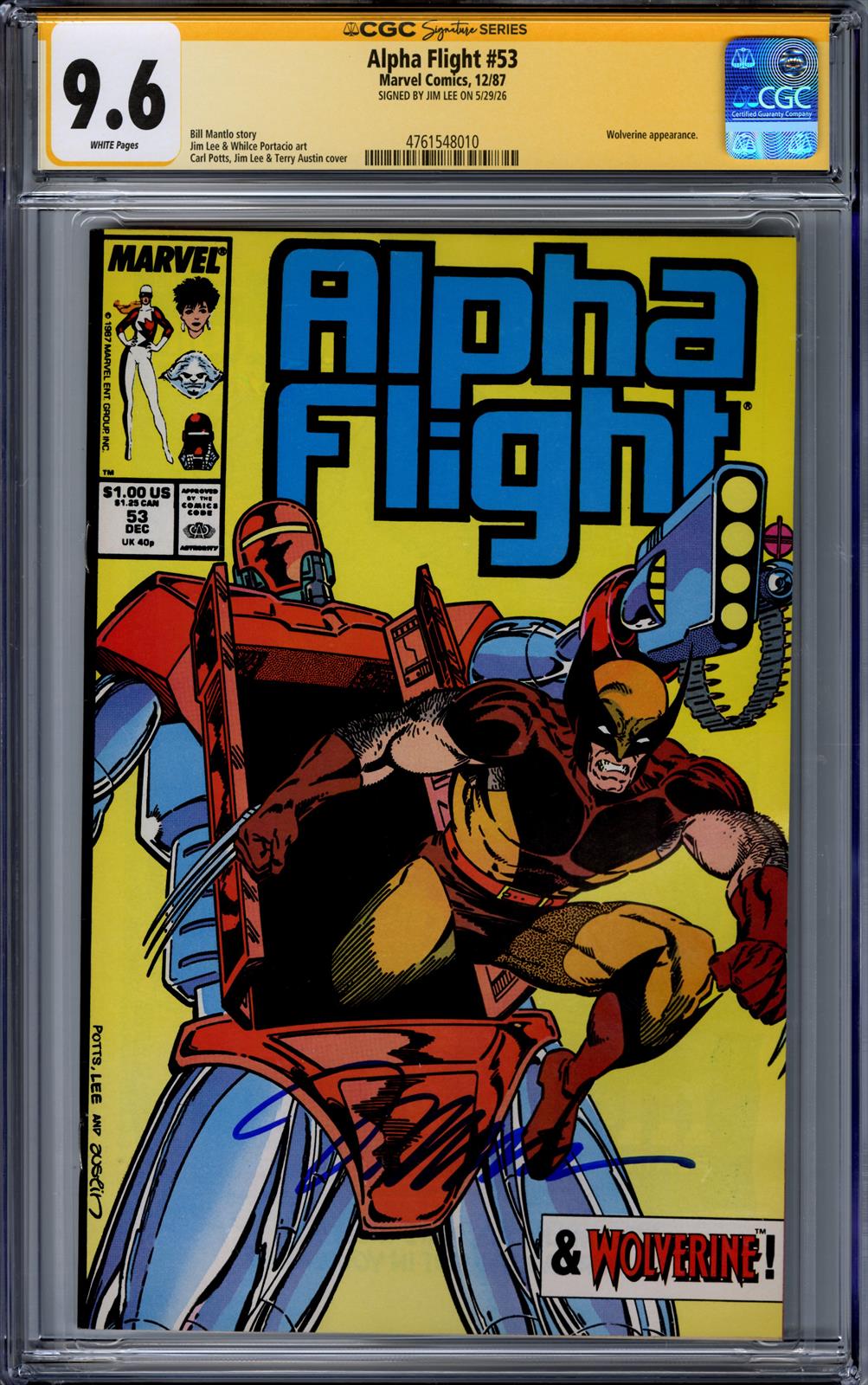 Alpha Flight #53 Marvel Comics 12/87 Signed by Jim Lee CGC 9.6