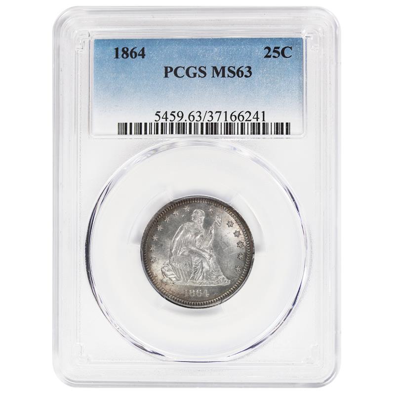 1864 Seated Liberty Quarter, 25C PCGS MS 63