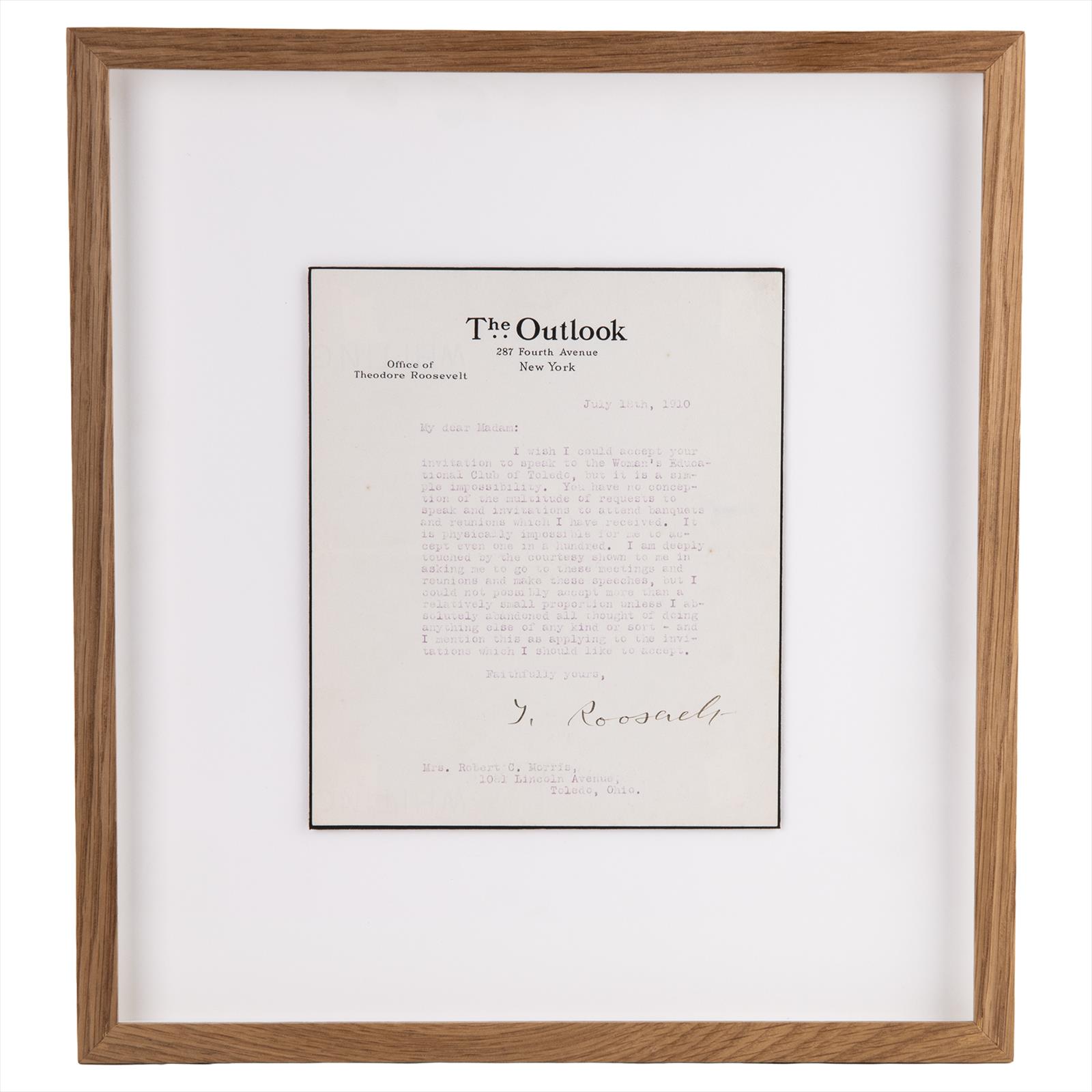 Theodore Roosevelt Signed Typed Letter Dated July 18th, 1910 