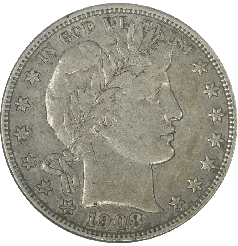 1908-S Barber Half Dollar, Raw, Circulated, Almost Uncirculated - Nice Original Coin