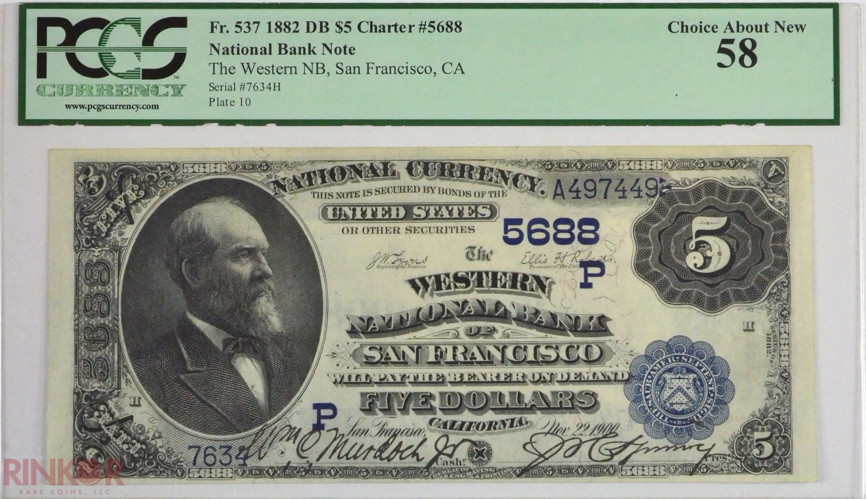 1882 Date Back $5 Fr. 537 Charter #5688 National Bank Note PCGS AU-58
