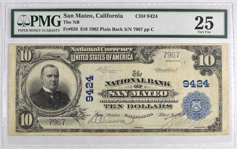 1902 Plain Back $10 Fr. 626 Charter #9424 PMG VF-25
