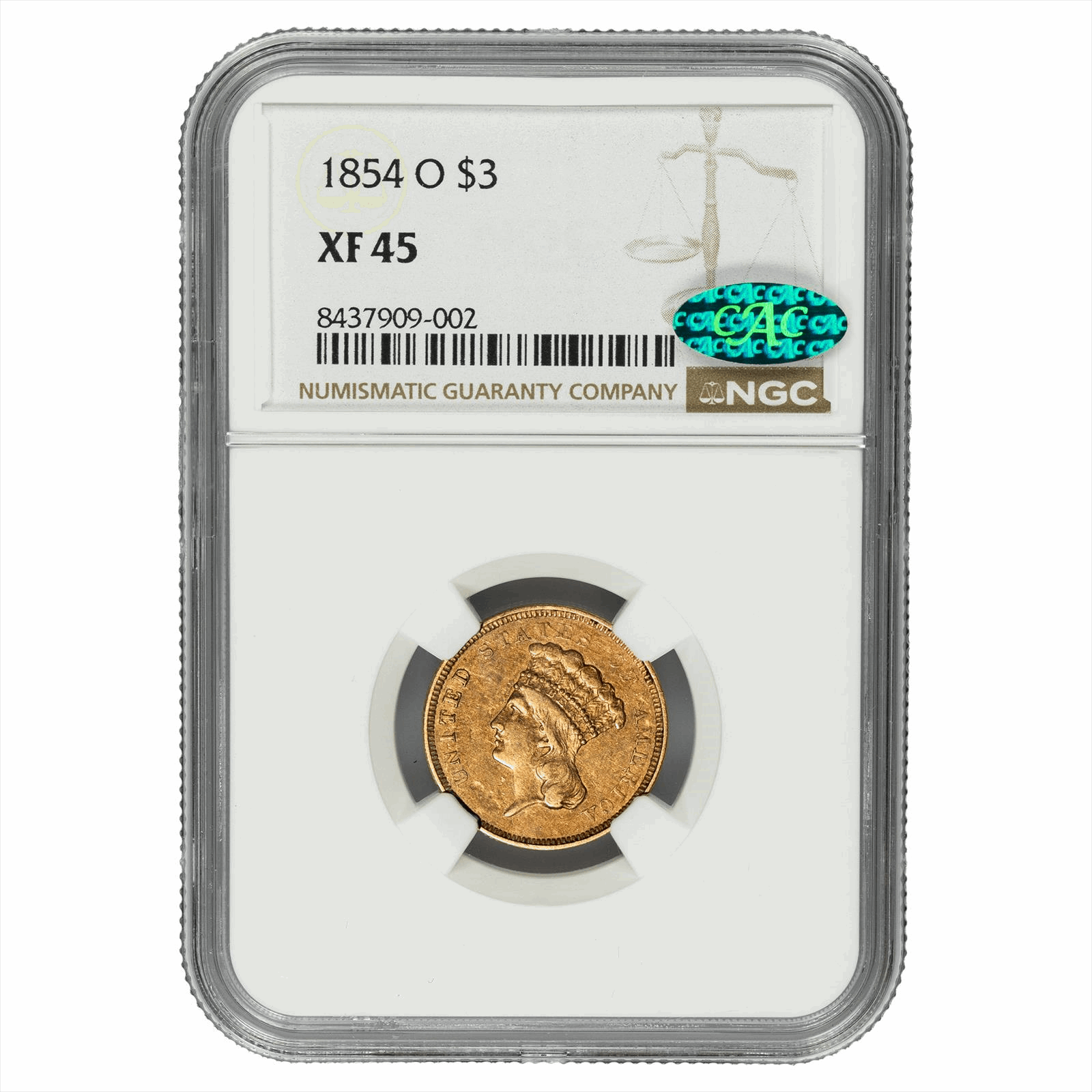 1854-O Indian Princess Head Gold Three Dollar $3 NGC XF 45 CAC