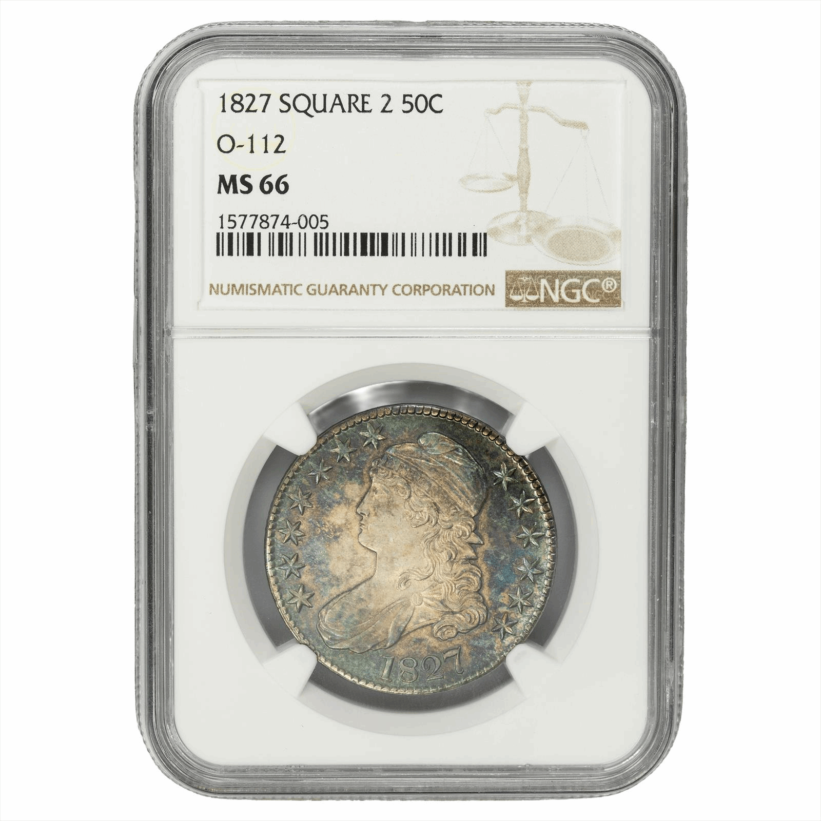 1827 Square Base 2 Capped Bust Half Dollar 50c, NGC MS 66 - Original Toning, O-112