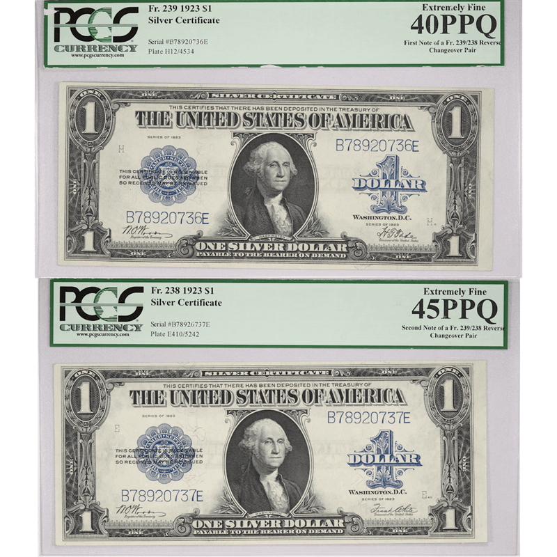 1923 $1 Silver Certificate Changeover Pair Fr, 238/239 PCGS EF45PPQ/EF40PPQ