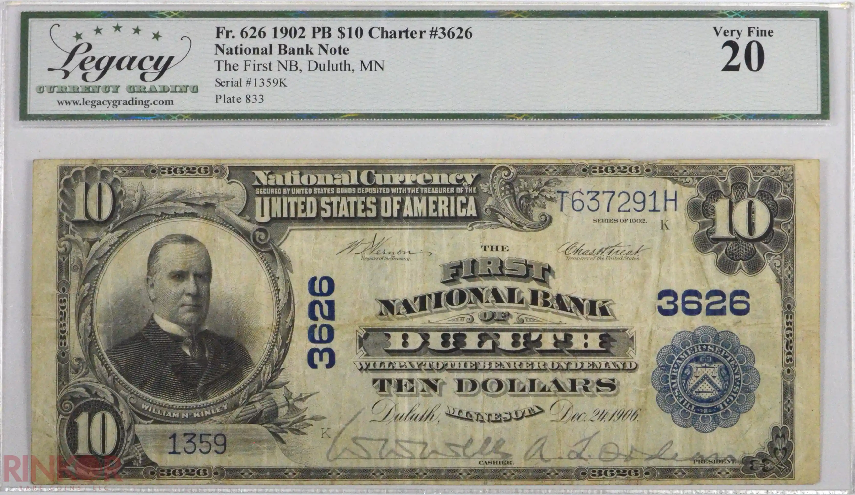 1902 Plain Back $10 Fr. 1902 Charter #3626 LCG VF-20
