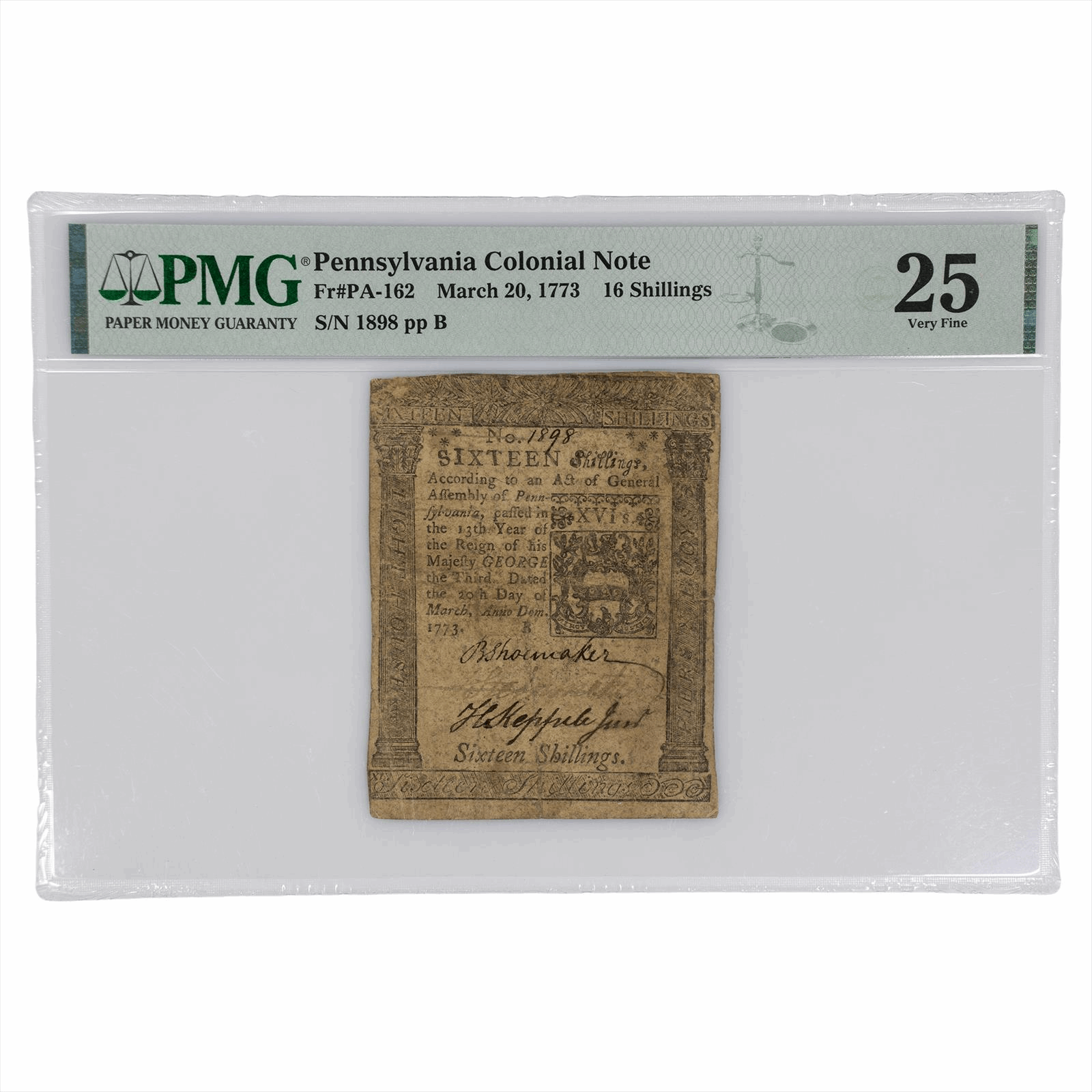 March, 20 1773 Pennsylvania Colonial 16 Shillings FR#PA-162 PMG VF 25