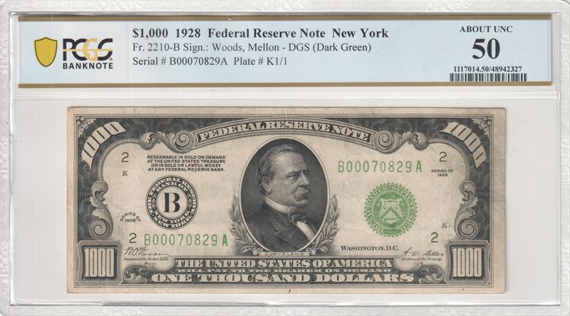 Fr. 2210-B 1928 $1,000 Federal Reserve Note DGS (Dark Green) New York PCGS AU50 