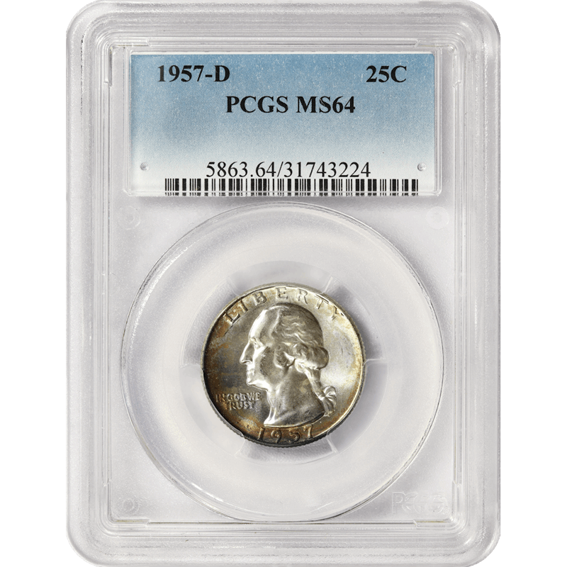 1957-D Washington Quarter 25c, PCGS MS 64 - Nice Toned Coin 