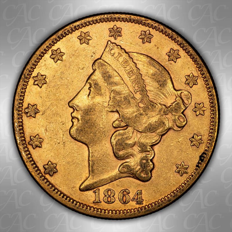 1864 $20 CACG AU-50 