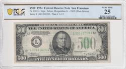 Fr. 2201-L 1934 $500 DGS (Blue-Green) Federal Reserve Note San Francisco PCGS VF25 