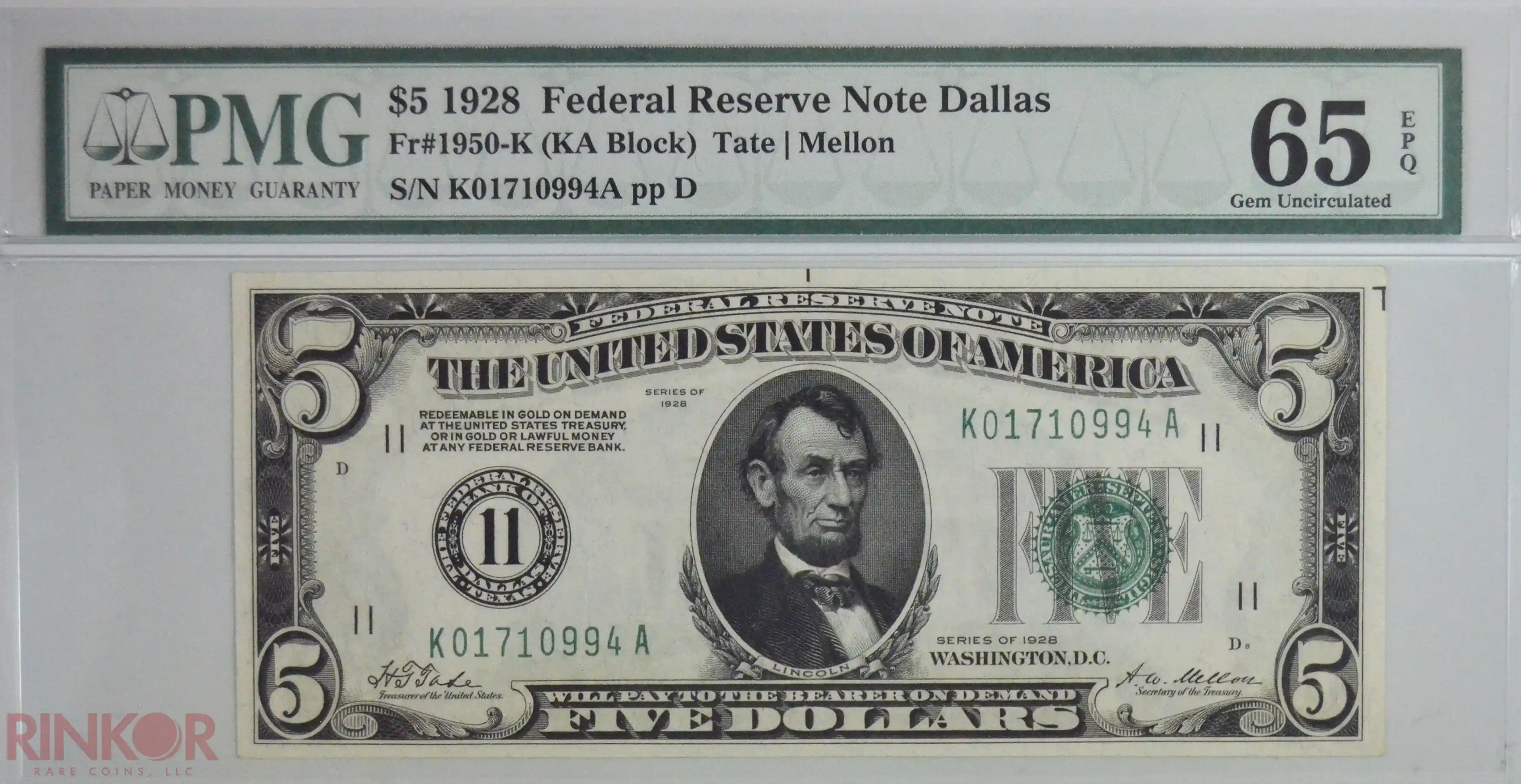 1928 $5 Fr. 1950-K Dallas Federal Reserve Note PMG CU 65 EPQ