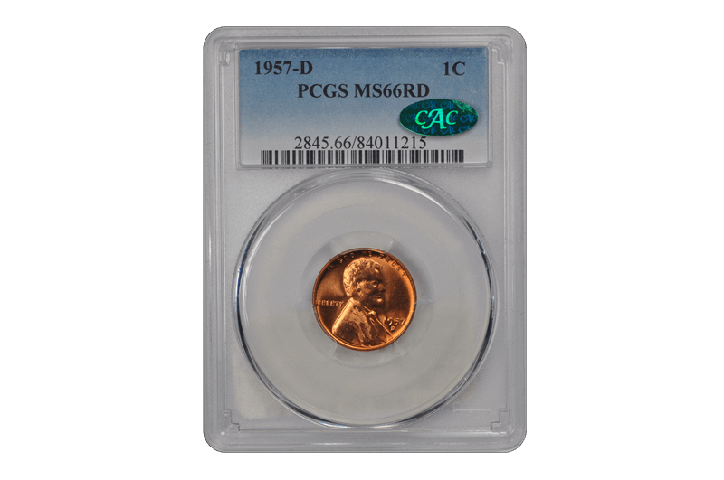 1957-D 1C Lincoln Cent - Type 1 Wheat Reverse PCGS RD (CAC) #3616-5 MS66