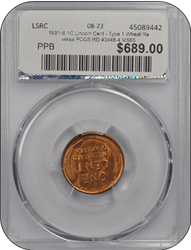 1931-S 1C Lincoln Cent - Type 1 Wheat Reverse PCGS RD #3448-4 MS65