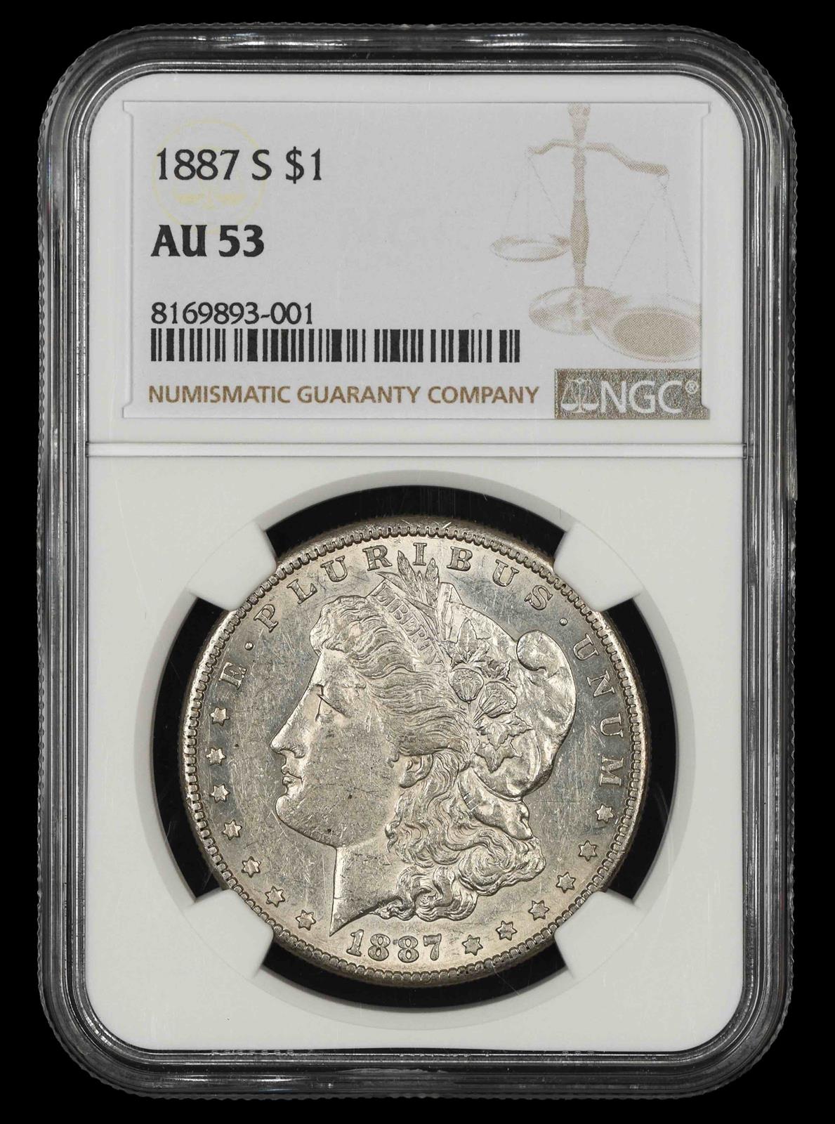 1887 S $1 NGC AU 53