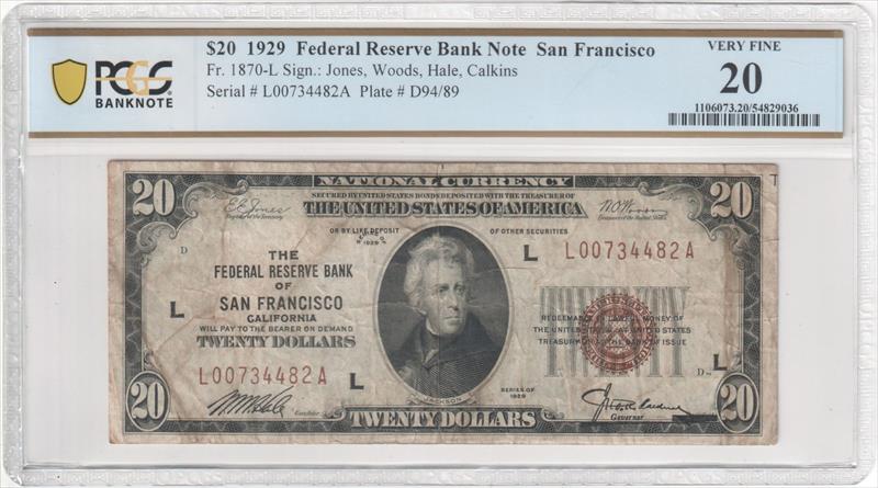 Fr. 1870-L 1929 $20 Federal Reserve BN - San Francisco PCGS VF20