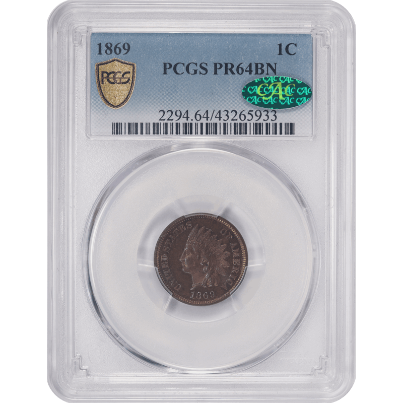 1869 Indian Cent Proof, PCGS MS64BN CAC - Magenta Iridescent toning