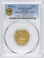 1814-A French Gold 20 Francs Gad-1026 Louis XVIII F-517 PCGS AU50 