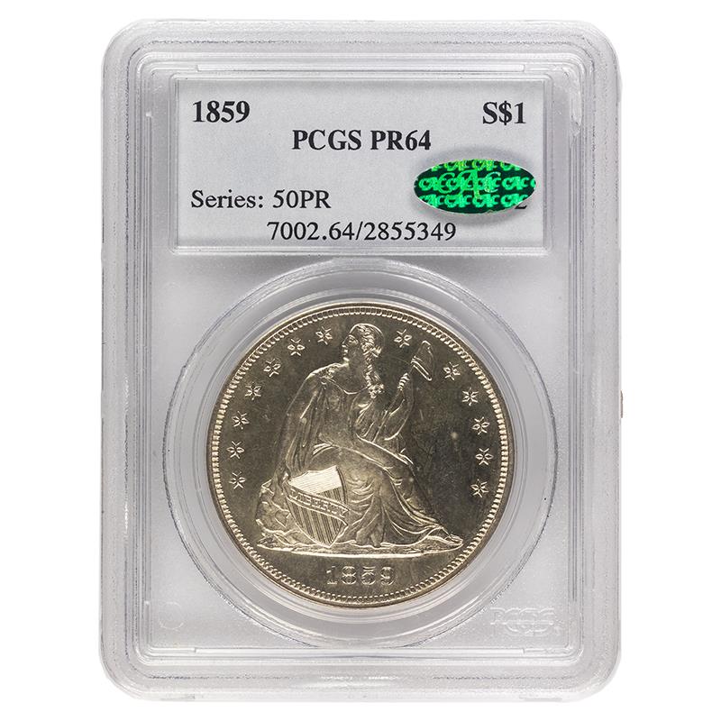 1859 Seated Liberty Dollar, $1 PCGS PR 64, CAC Certified