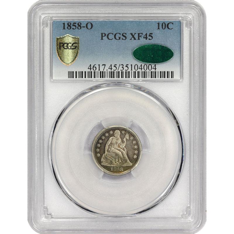 1858-O Seated Liberty Dime 10C PCGS and CAC XF45 PCGS Gold Shield Certified