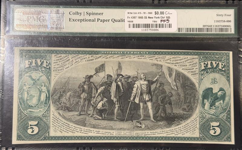 Fr #397 1865 $5 New York Ch# 905 National Currency PMG 64 EPQ  