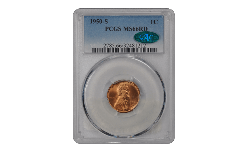 1950-S 1C Lincoln Cent - Type 1 Wheat Reverse PCGS RD (CAC) #3616-3 MS66
