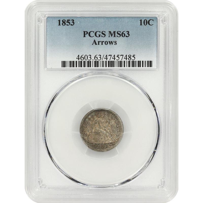 1853 Seated Liberty Dime 10C PCGS MS63 with Arrows Variety