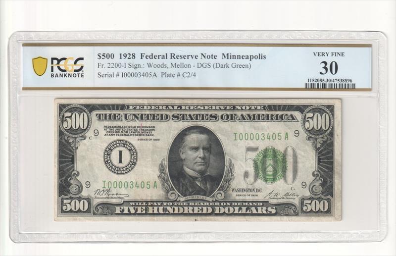Fr. 2200-I 1928 $500 Minneapolis Federal Reserve Note (Dark Green) PCGS VF30 