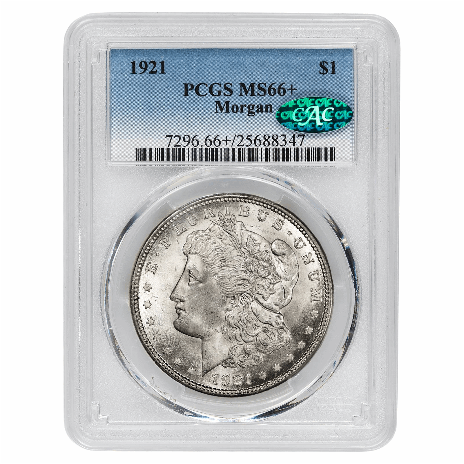 1921 Morgan Silver Dollar $1 PCGS MS 66+ CAC