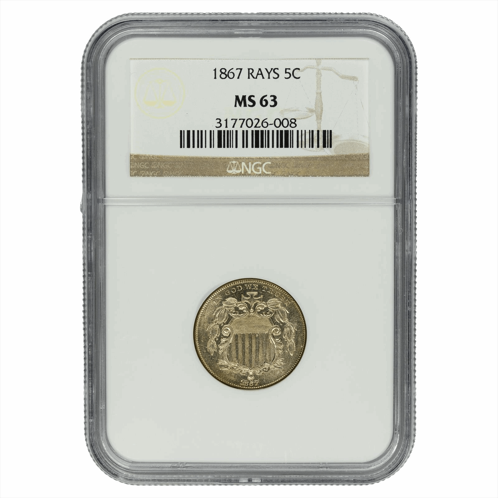1867 Shield Nickel Rays 5C NGC MS 63