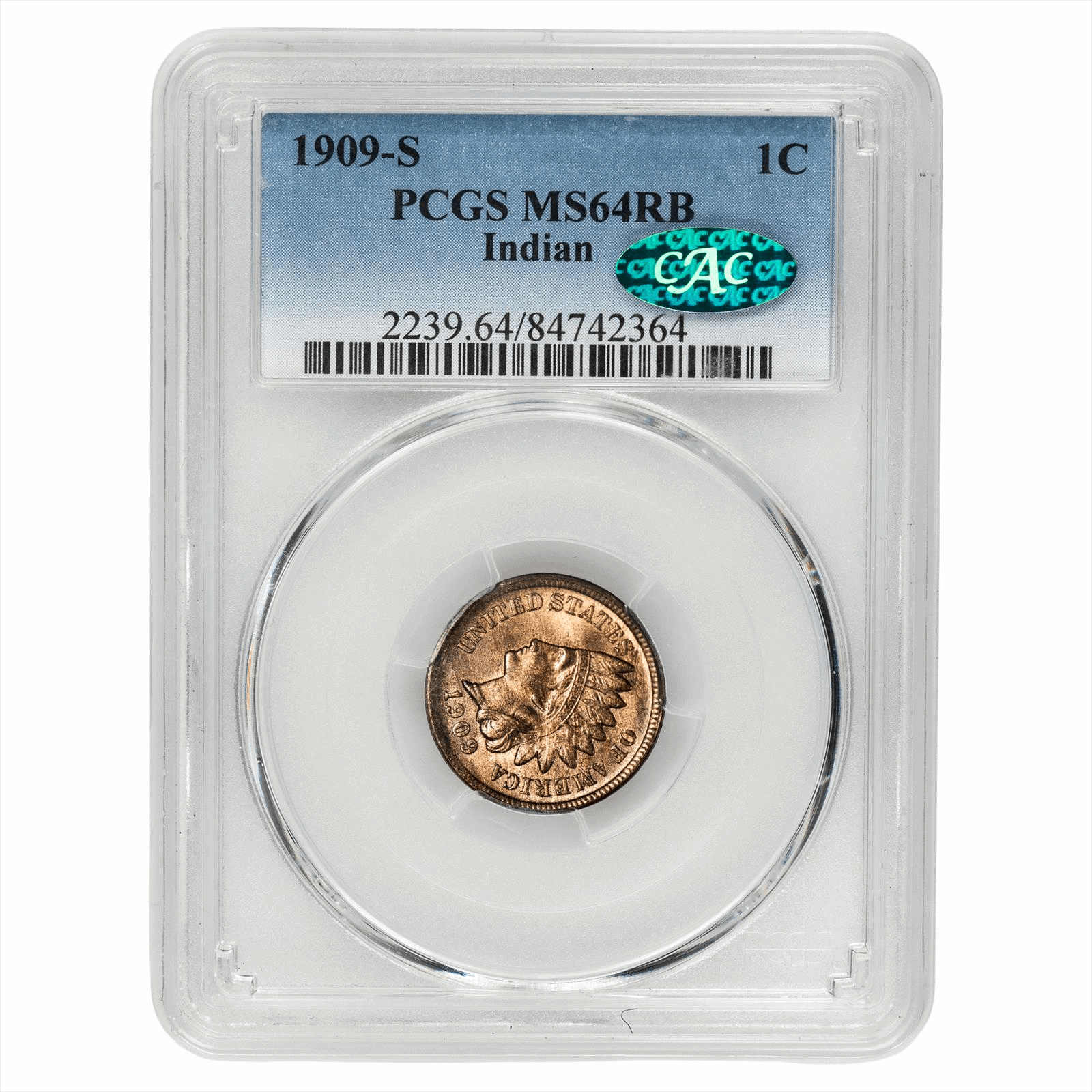1909-S Indian Head Cent 1C PCGS MS 64 RB CAC