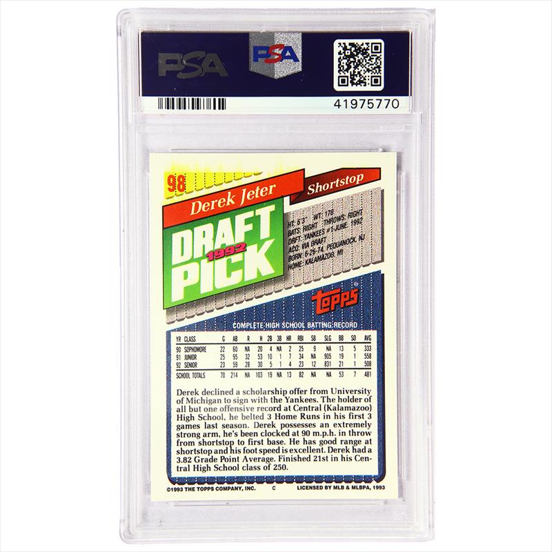 Derek Jeter 1993 Topps Baseball Rookie Card RC #98 Graded PSA 9