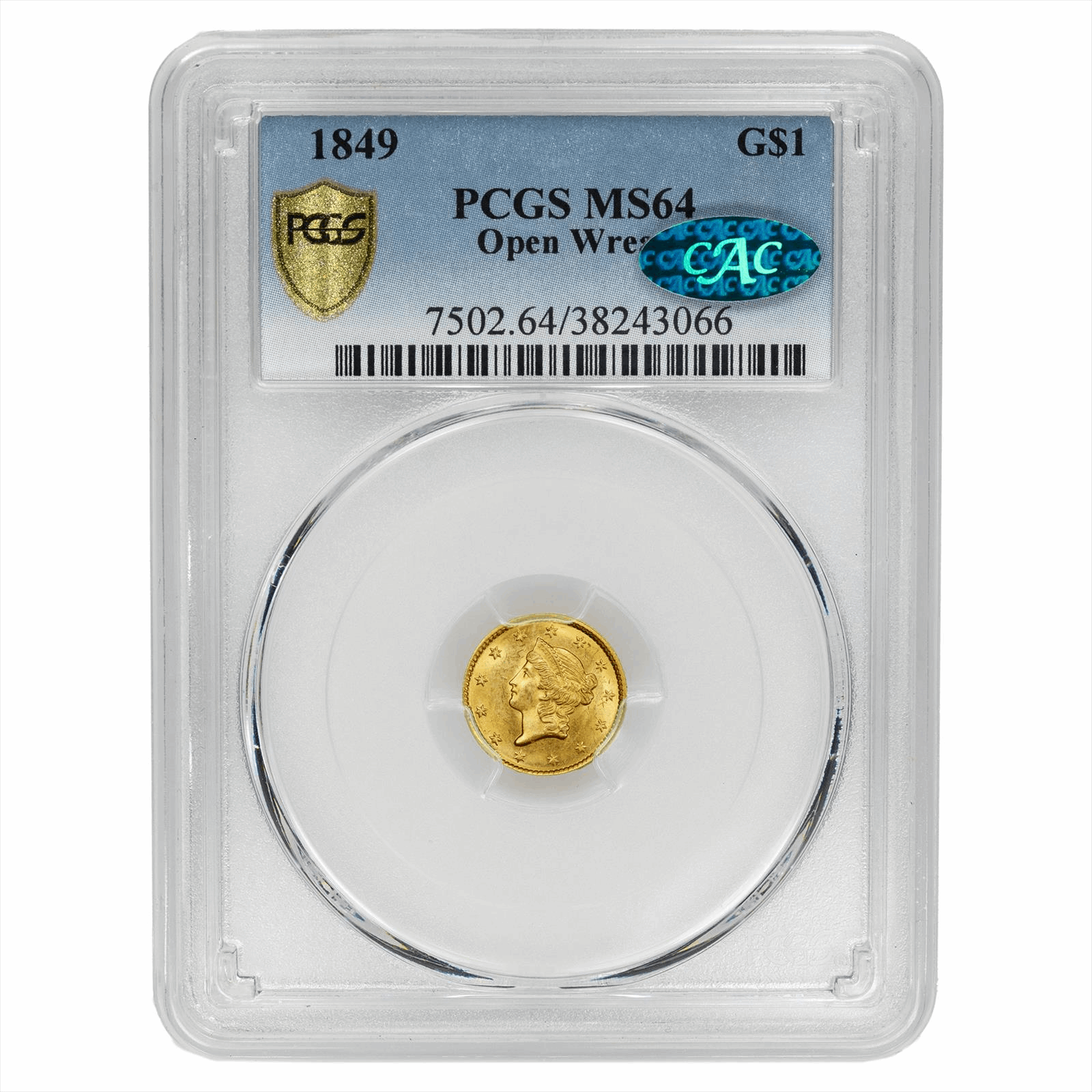 1849 Liberty Head Gold Dollar $1, PCGS MS 64 CAC - Open Wreath