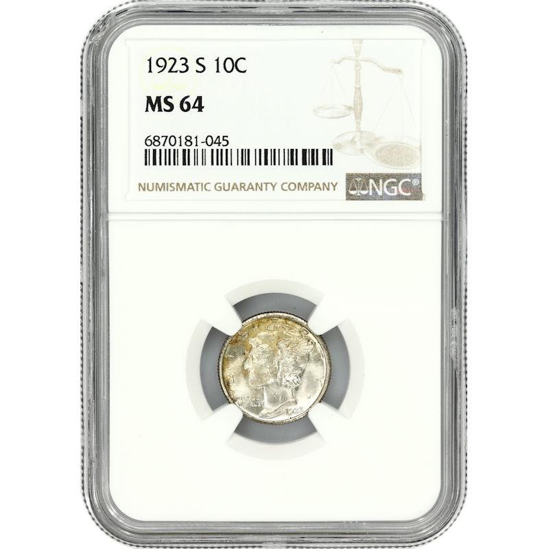 1923-S Mercury Dime 10c, NGC MS-64 - Nice Original Coin