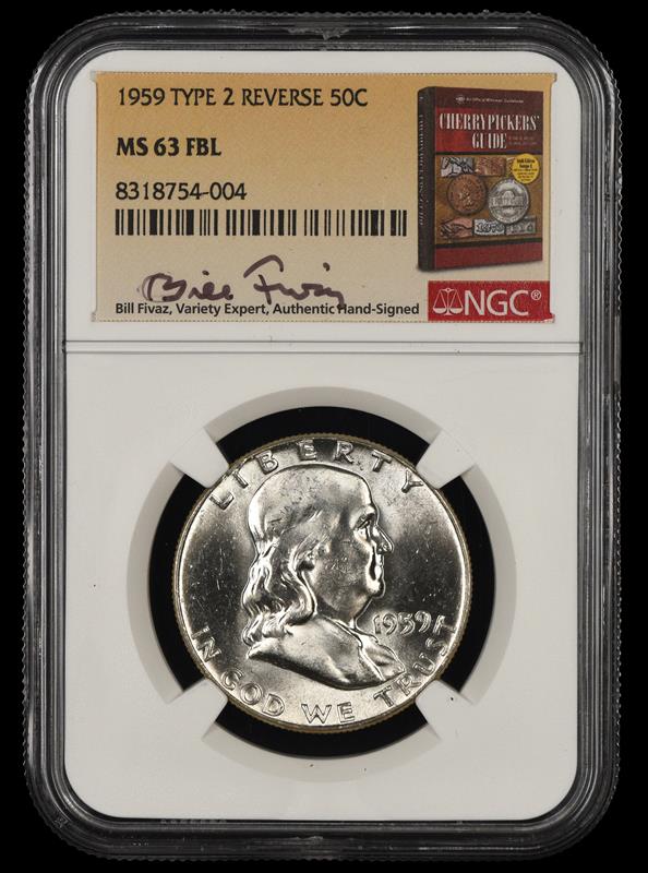 1959 P T2 Reverse Franklin Half Dollar FBL Bill Fivaz Signature Label NGC MS 63
