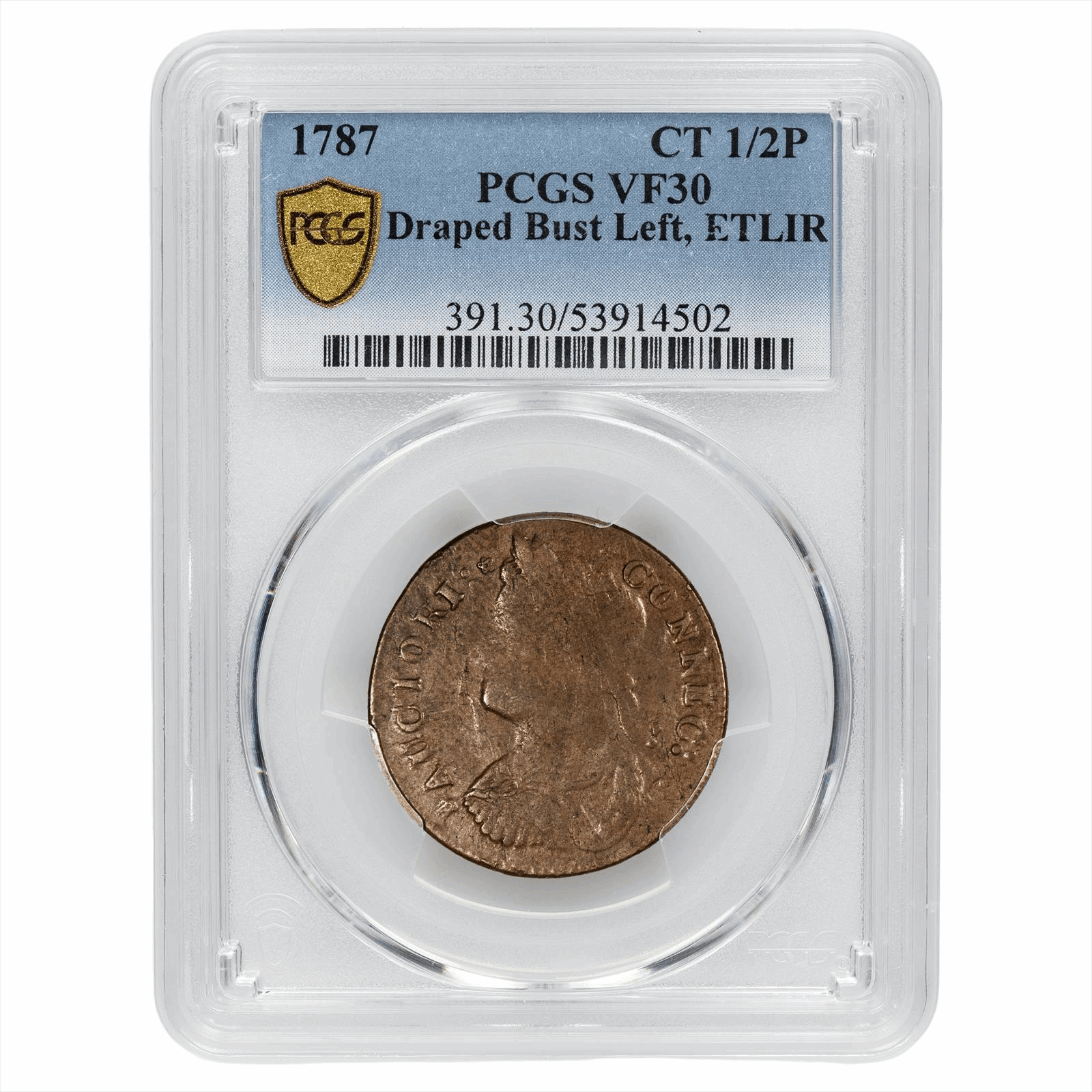 1787 Connecticut Draped Bust Left Half Penny 1/2P ETLIR PCGS VF 30