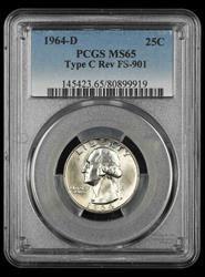 1964 D Washington Quarter PCGS MS65 Type C Reverse FS-901 MS65
