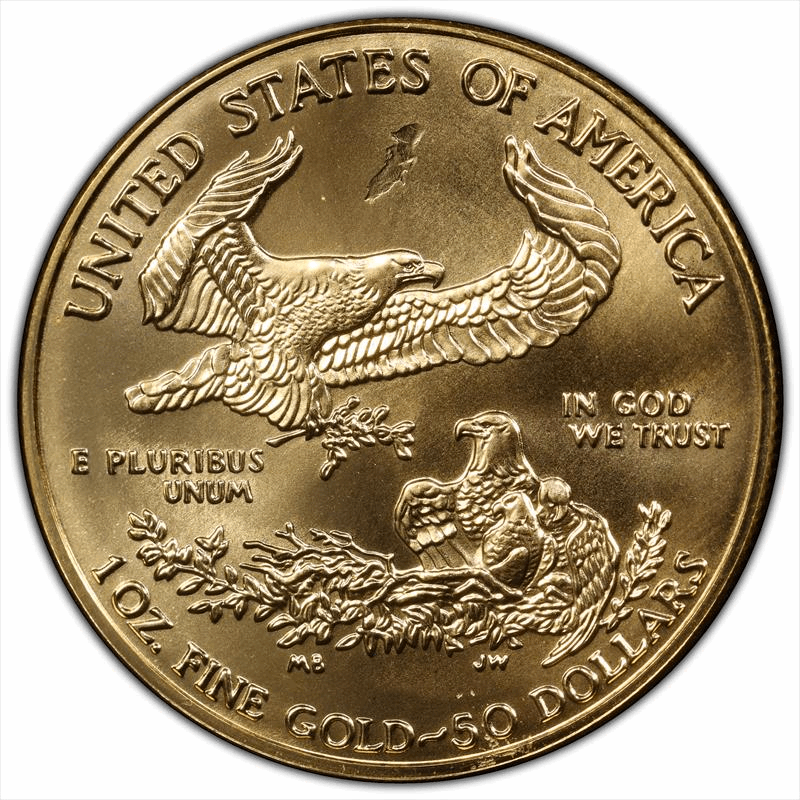 1999 $50 Gold Eagle PCGS Mint Error Struck Through Reverse MS 69