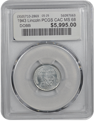 1943 Lincoln PCGS CAC MS 68 