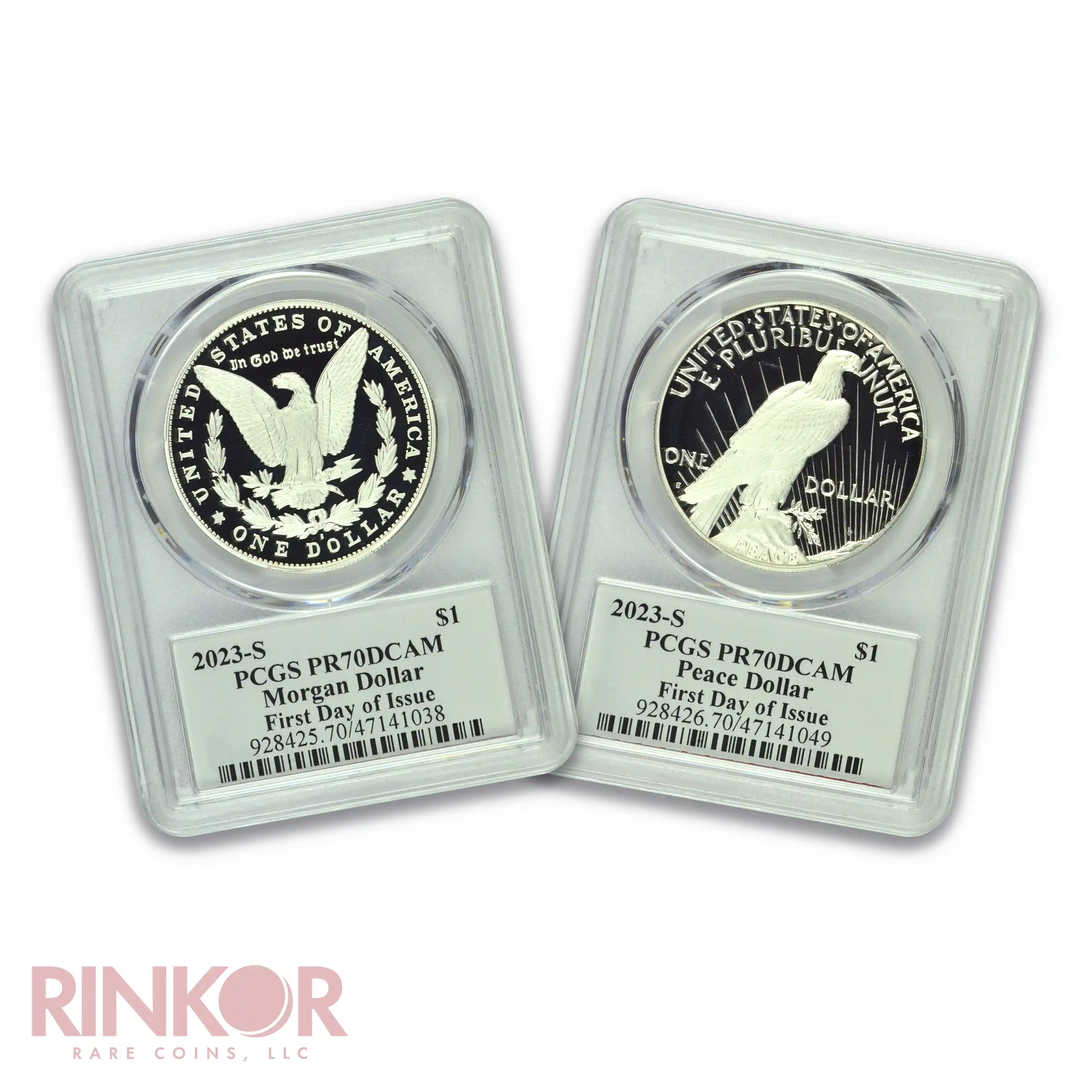 2023-S $1 Morgan and Peace Dollar 2-Coin Set FDOI Dannreuther Sig PCGS PR 70