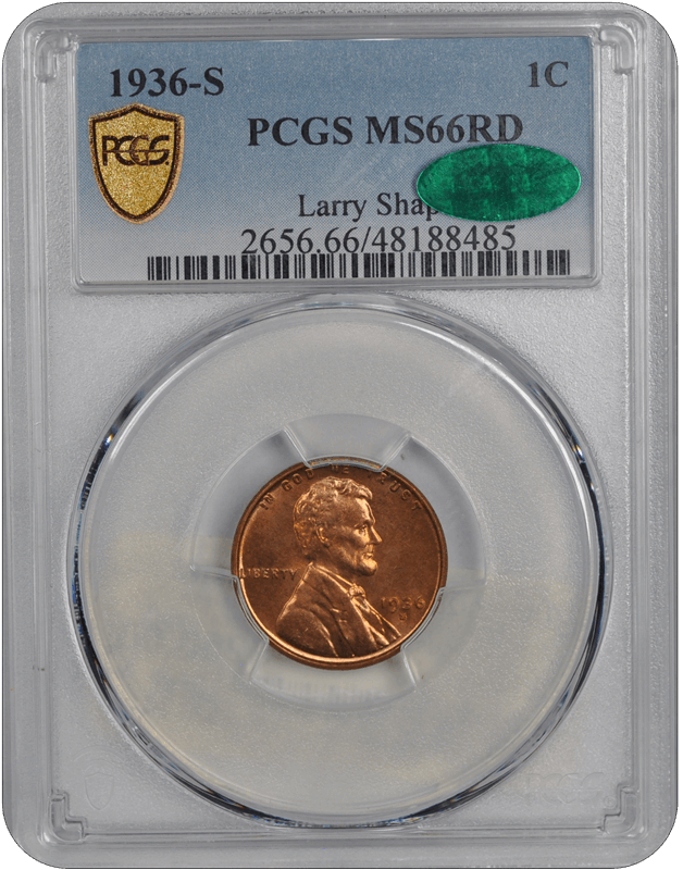 1936-S 1C Lincoln Cent - Type 1 Reverse PCGS RD (CAC) #3511-1 MS66