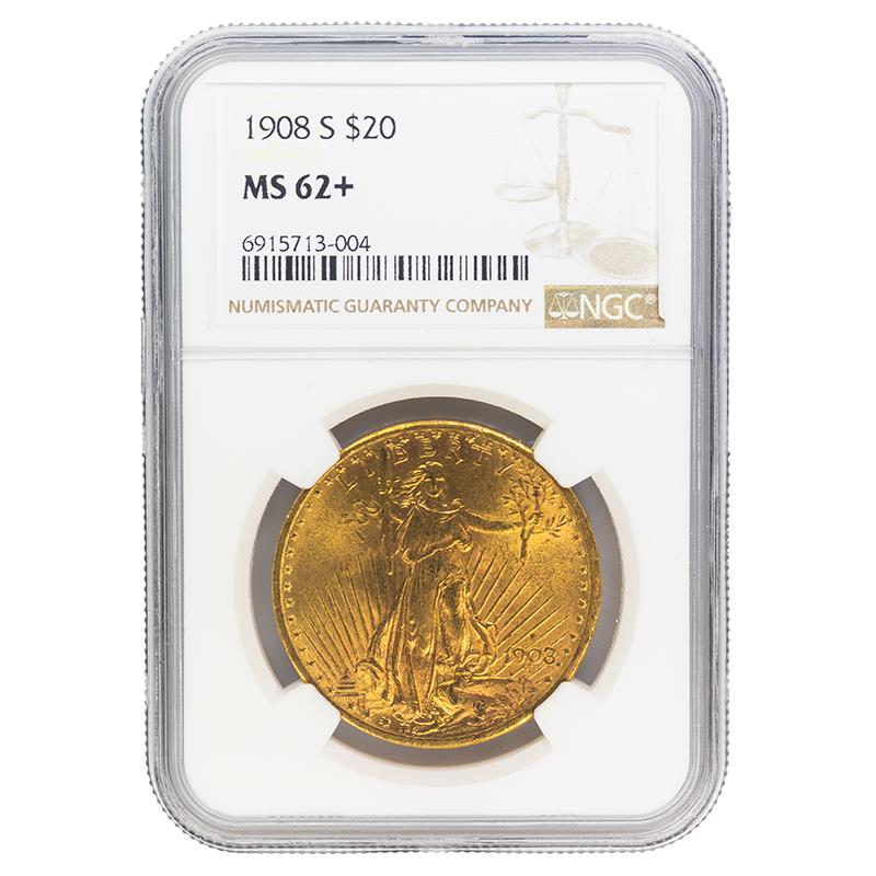 1908-S Saint Gaudens Double Eagle Gold, $20 NGC MS 62 +